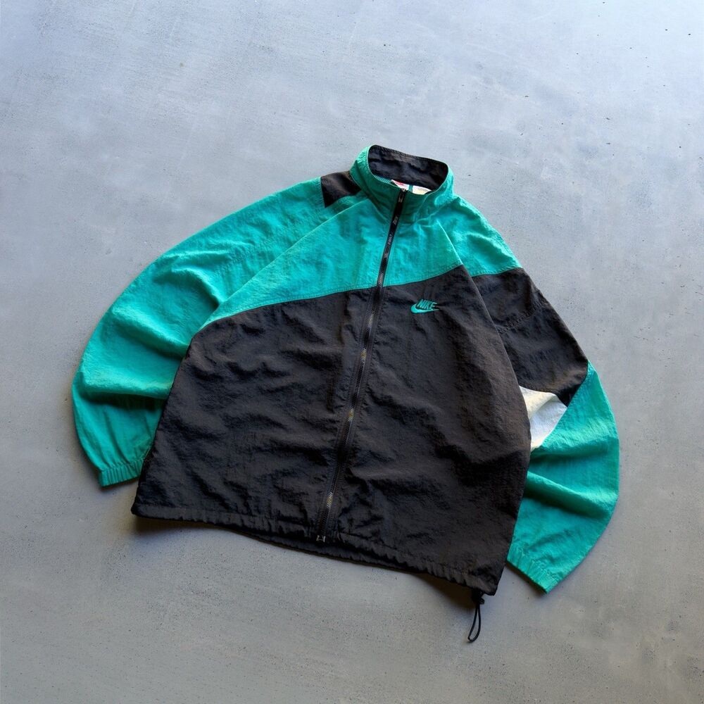 Vintage Nike Windbreaker Jacket Mens Large Teal Black Colorblock Full Zip 80s